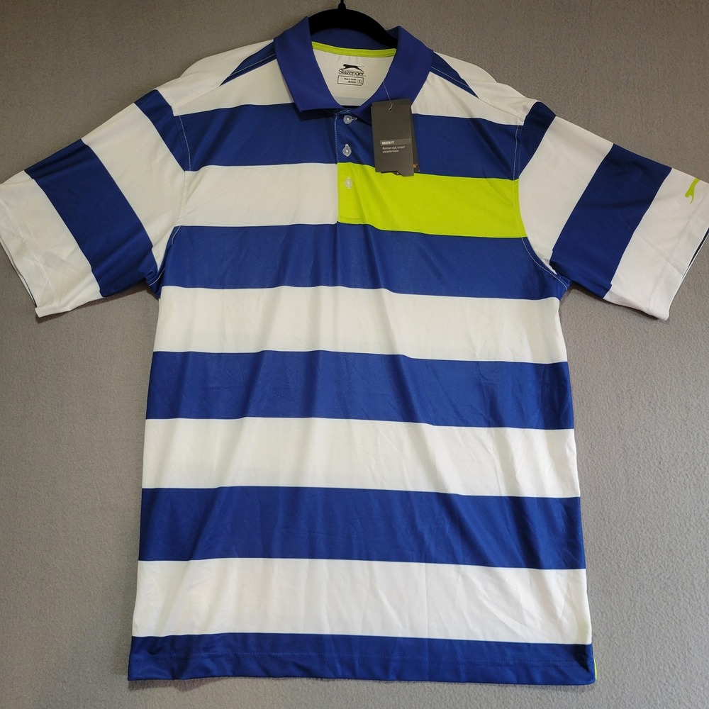 Slazenger Mens XL Modern Fit Striped Polo Shirt Blue White Lime Green New